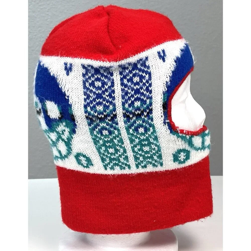 VTG 80s Mens Red Knit Football Helmet Face 1 Hole SKI MASK Balaclava Winter Cap